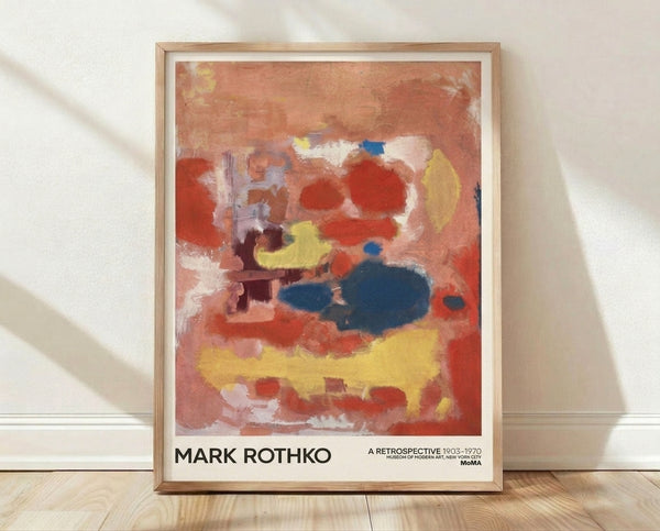 Abstract color field painting with rust red and terracotta rectangles floating on a white ground, framed as a modern art print on a gallery wall.