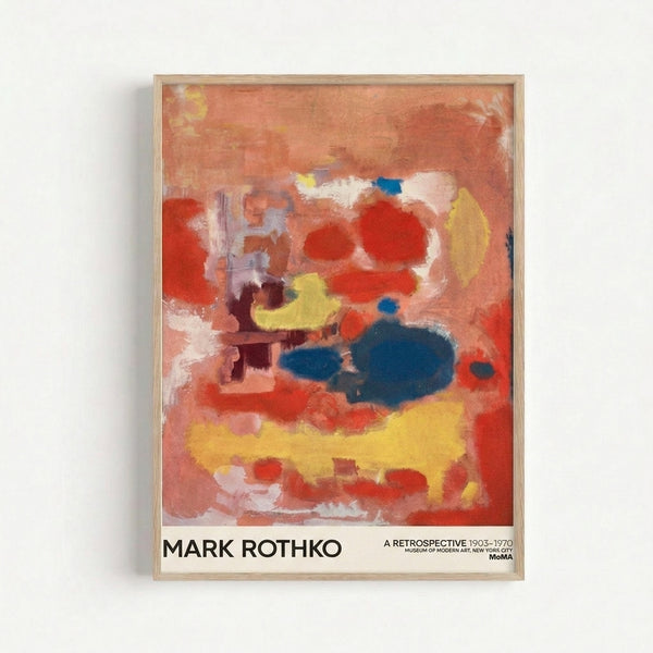 Minimalist composition of stacked horizontal color blocks in warm rust, yellow, and cool blue tones, creating a meditative abstract poster.