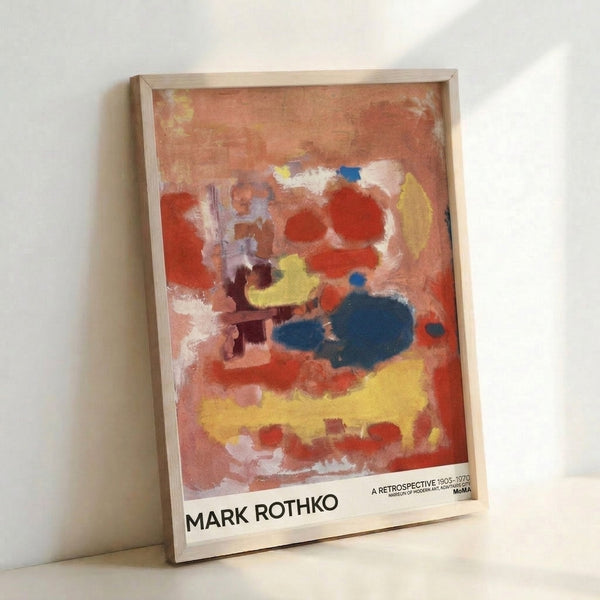 Contemplative color field artwork featuring soft-edged rust and terracotta forms against a luminous white background, displayed as framed wall art.