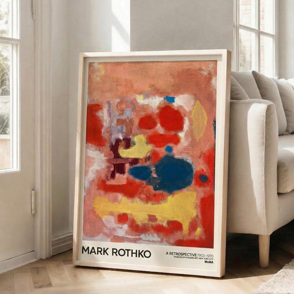Modern abstract print with floating rectangular fields of rust red, yellow, and blue creating an emotionally resonant composition in minimalist style.