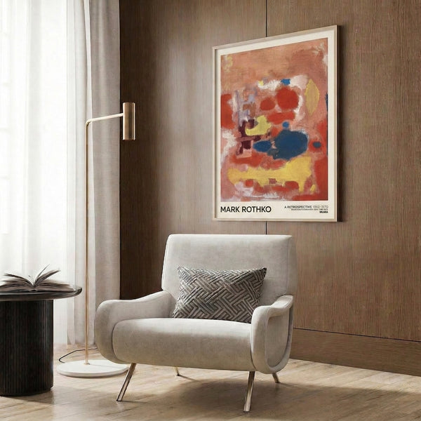 Framed abstract wall art showcasing warm terracotta and rust tones layered with cool blue, embodying a meditative color field aesthetic.