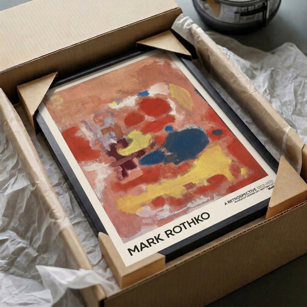 Abstract wall print featuring soft-edged color blocks in rust, terracotta, yellow, and blue tones evoking a meditative, gallery-quality composition.