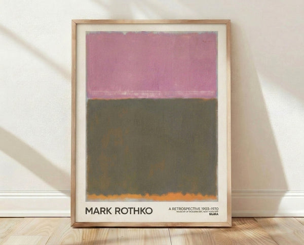 Abstract minimalist poster featuring soft mauve pink and olive green rectangular forms with burnt orange accents on cream background, evoking a contemplative mood.