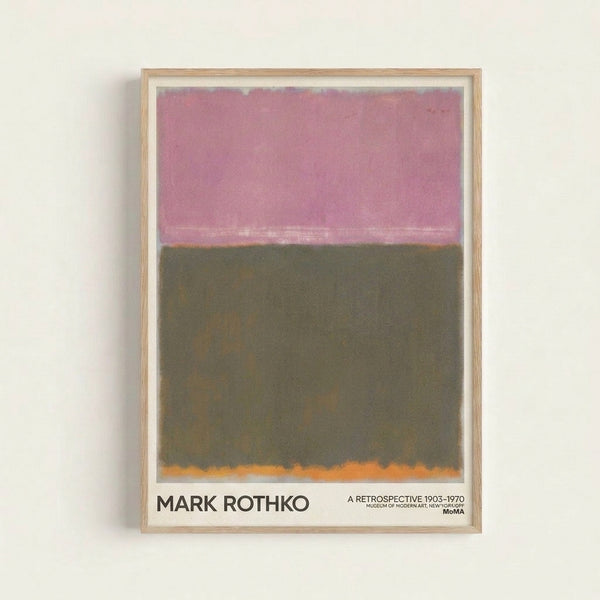 Framed modern art print with muted mauve, olive, and burnt orange color blocks arranged in serene composition, creating a melancholic atmosphere.