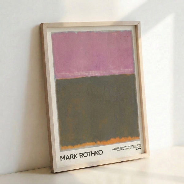 Minimalist abstract poster displaying layered rectangles in soft mauve pink and olive green tones with warm burnt orange highlight against neutral backdrop.