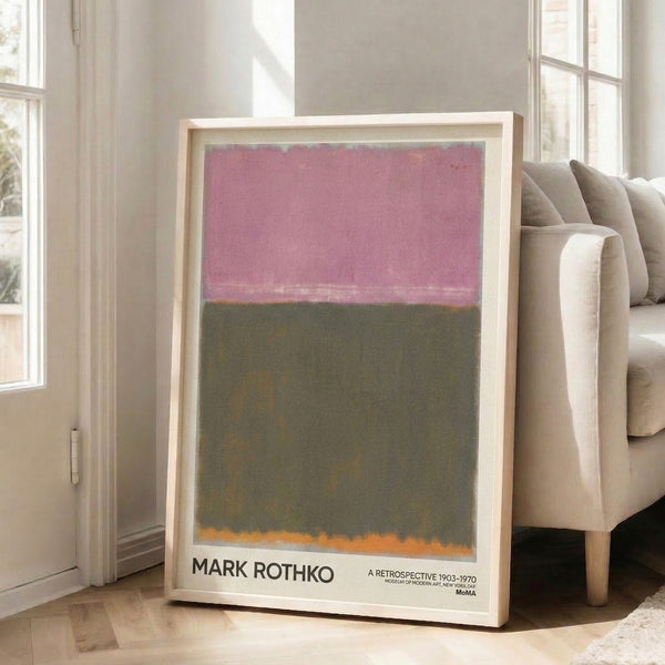 Contemporary abstract wall art with contemplative mood, blending mauve pink, olive green, and burnt orange hues in soft, understated rectangular forms.