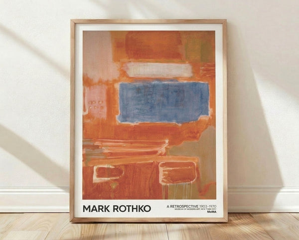 Abstract color field poster with horizontal bands of rust orange, cream, and slate blue creating a contemplative minimalist composition.