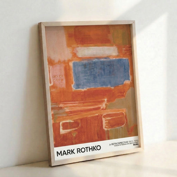Minimalist abstract poster with warm rust and cream horizontal color blocks intersecting cool slate blue, evoking a calm, reflective mood.