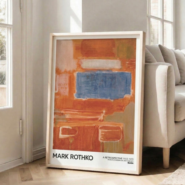 Contemporary color field print showcasing floating rectangles in orange, terracotta, and cream against a muted blue background for wall display.