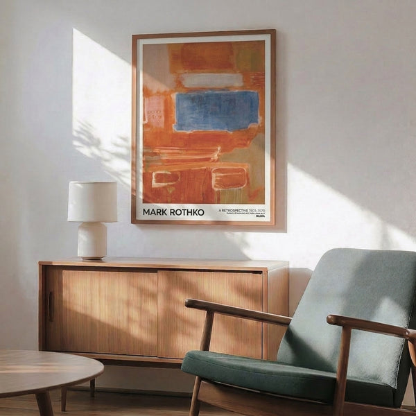Modern abstract art print with soft-edged horizontal color planes in rust, orange, and slate blue creating a peaceful, contemplative visual experience.