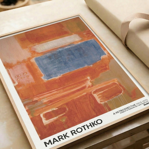 Framed minimalist poster featuring warm and cool color blocking in orange, cream, and blue tones with a serene, meditative aesthetic.