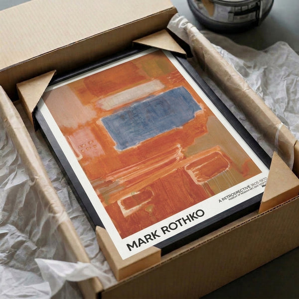 Abstract modern print with layered color field rectangles in terracotta, rust, and slate blue evoking quiet introspection and calm.