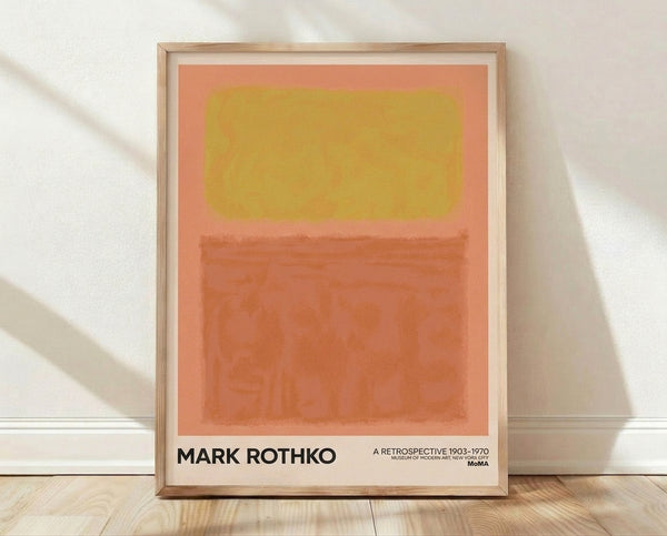 Abstract color field painting with soft coral and golden yellow rectangles on warm beige background, framed poster displaying serene minimalist composition.