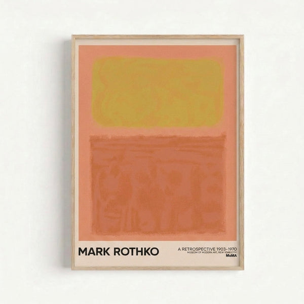 Framed modern art print featuring layered warm tones of coral, burnt sienna, and gold in contemplative abstract rectangular forms.