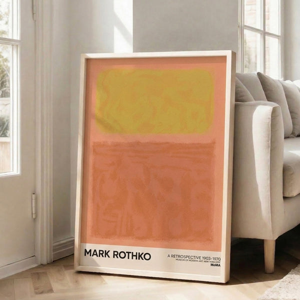 Warm-toned abstract painting print in coral, gold, and beige with stacked rectangular color fields evoking quiet reflection.