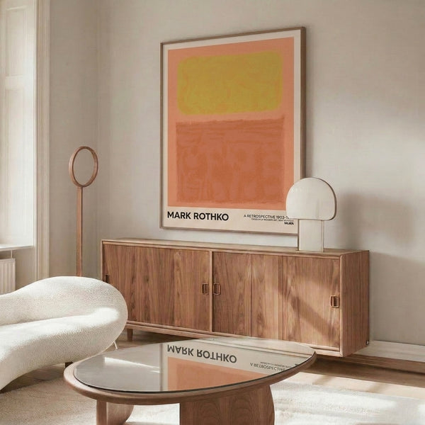 Modern color field poster with coral, burnt sienna, and golden yellow abstract forms creating a contemplative meditative mood.
