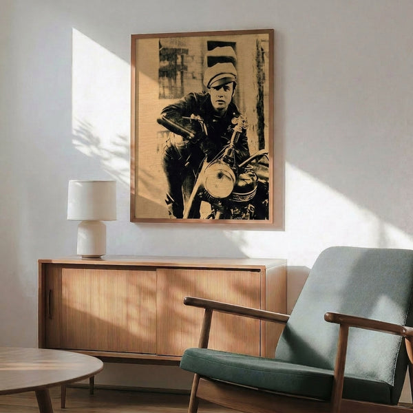 Bold pop art portrait print showing Brando's profile in striking color combinations and graphic reduction, displayed as framed wall decor.