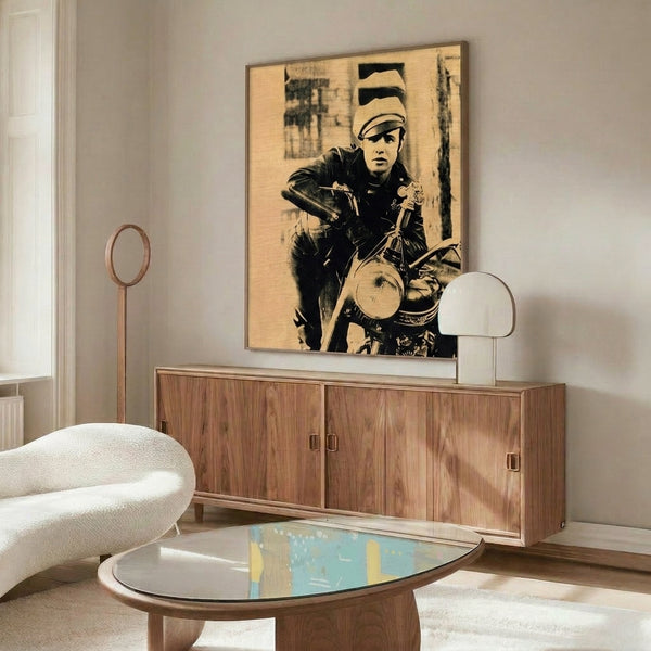 Warhol-inspired celebrity pop art featuring Marlon Brando in luminous colors and graphic silkscreen aesthetic, framed poster artwork.