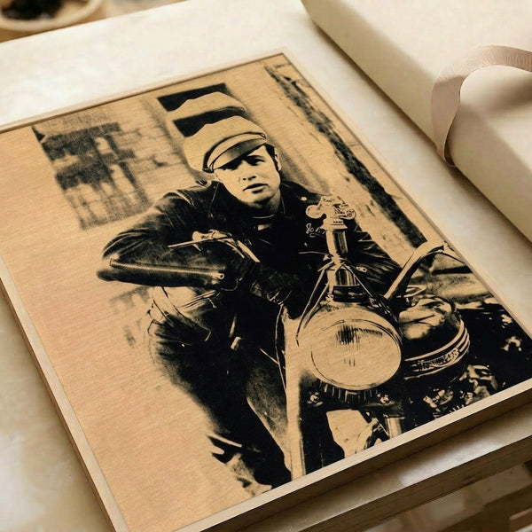 Pop art print of Brando rendered in vivid hues and high-contrast forms typical of 1960s screen-print portraiture, mounted as wall art.