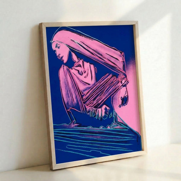 Martha Graham portrait rendered in striking pop art colors with loose, expressive watercolor painting style on gallery wall.
