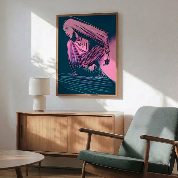 Framed contemporary portrait of Martha Graham in vivid pop art hues with expressive watercolor brushwork and dynamic composition.