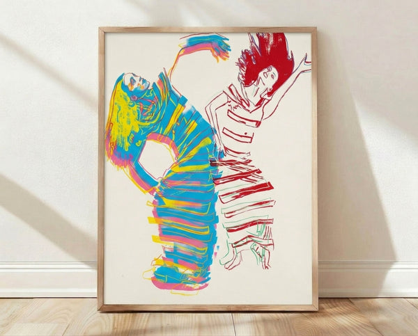 Bold pop art poster of Martha Graham in vibrant colors with dynamic, layered brushstrokes characteristic of Warhol's iconic style.