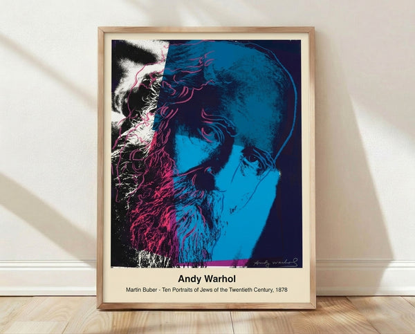 Pop art portrait of Martin Buber in vibrant black, white, and accent colors with bold graphic treatment characteristic of Warhol's iconic style.