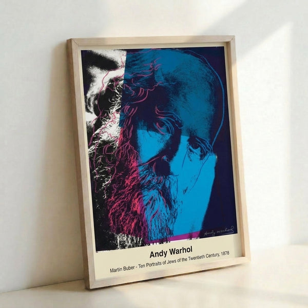 Warhol-style portrait print displaying a man's face in pop sensibility using black, white, and vibrant hues in graphic bold composition.