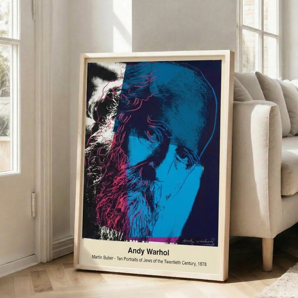 Framed modern art print of a portrait executed in pop art style with dramatic black and white contrast and vibrant color highlights.