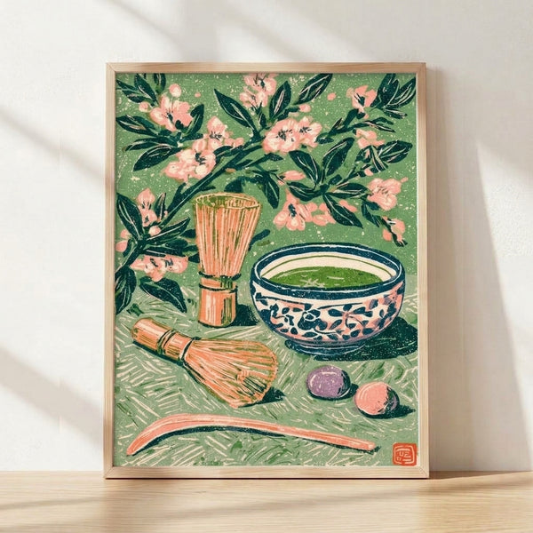 Serene Japanese tea ceremony still life with sage green matcha bowl, wooden whisk, and delicate botanical elements in muted coral pink and teal, rendered in contemplative ink wash style.