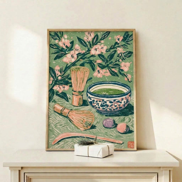Japandi folk art print depicting a tranquil matcha tea setup with cream and soft purple botanicals, featuring traditional brush and whisk in calming earthy tones on framed wall art.