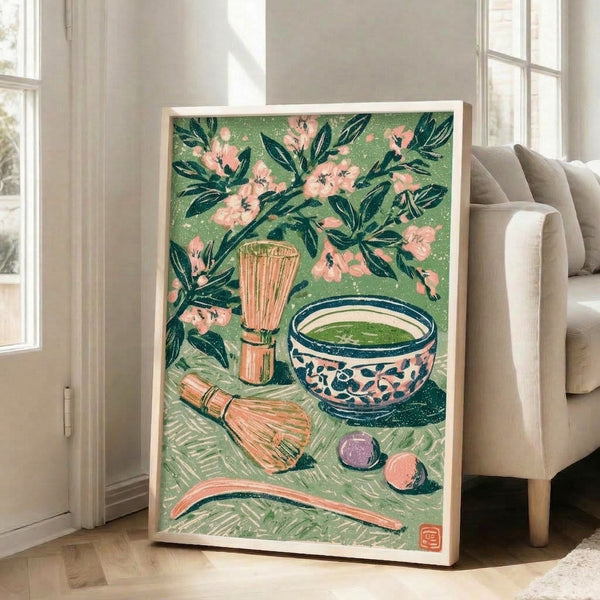 Minimalist tea ceremony composition showcasing a dark teal bowl with sage accents, flowering branches, and traditional whisking tools in serene Japanese woodblock aesthetic.