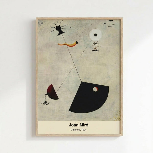 Minimalist abstract poster with unsettling symbolic creatures and forms in muted ochre and grey, creating a contemplative surreal composition on a gallery wall.