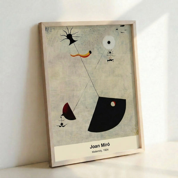 Framed surreal art print displaying abstract biomorphic shapes and creatures in cream and black against neutral tones, evoking tension and dreamlike mystery.