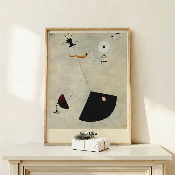 Abstract surrealist wall art in soft grey and ochre hues featuring enigmatic organic forms and symbolic imagery with a minimalist sensibility.