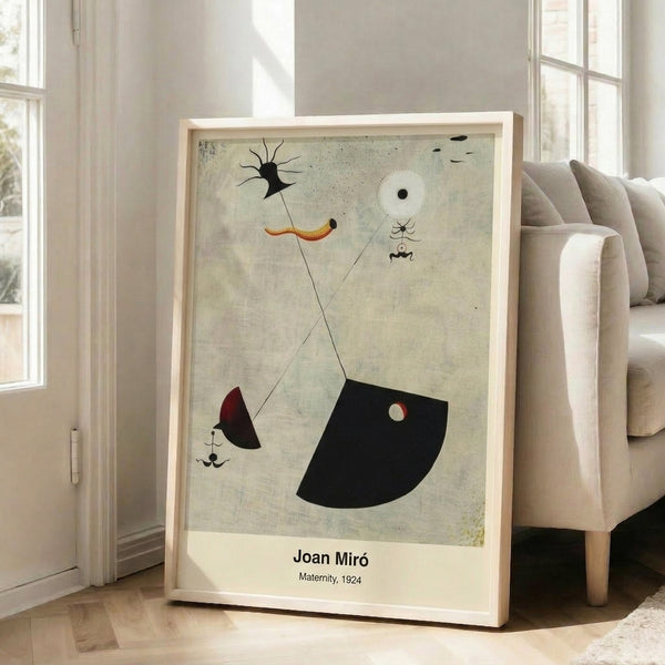 Modernist abstract framed print with surreal symbolic creatures and biomorphic shapes in muted earth tones, creating an intriguing contemplative mood.