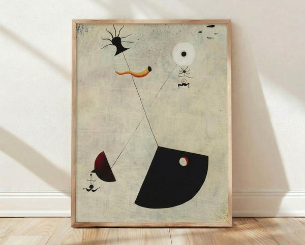 Abstract surrealist poster titled Maternity, featuring organic biomorphic forms in muted earth tones and soft pastels, framed and displayed on a wall.