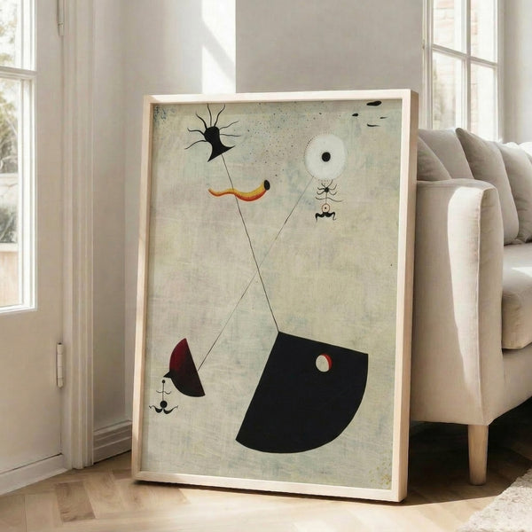 Framed modern abstract poster with organic flowing lines and muted color palette of cream, terracotta, and slate blue on a gallery wall.
