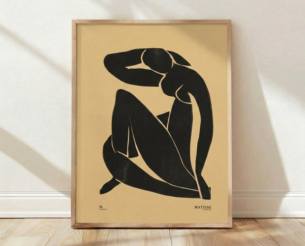 Minimalist line art poster depicting an elegant female silhouette in black against a cream background, inspired by Matisse's cutout aesthetic.