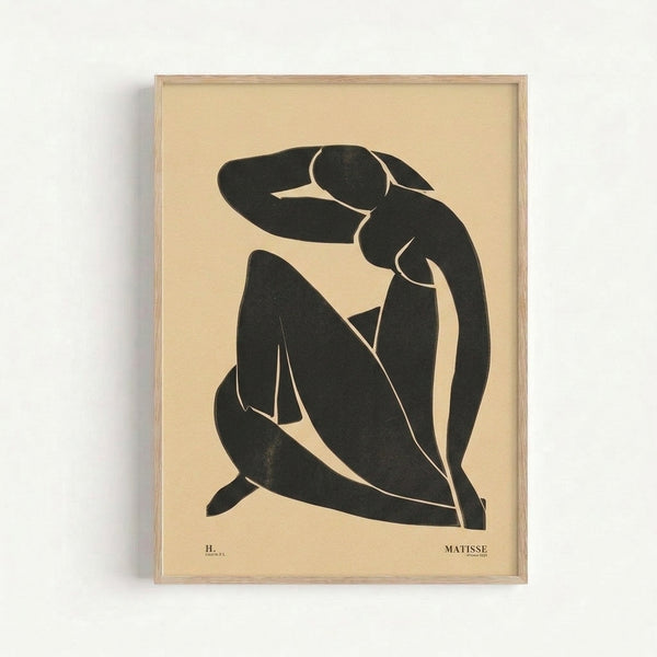 Framed modern art print featuring a contemplative woman figure rendered in bold black lines and minimalist form on off-white, evoking sophisticated paper cutout style.