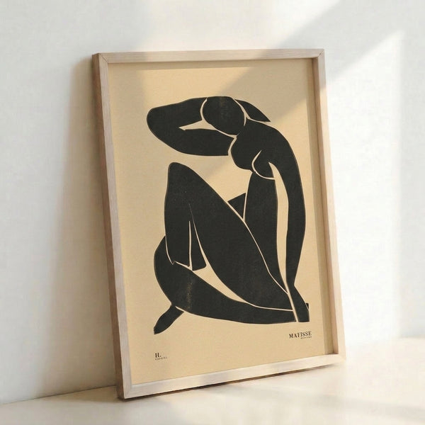 Abstract female silhouette poster with elegant curved lines in black, embodying the contemplative mood of Matisse's cutout technique on neutral cream canvas.