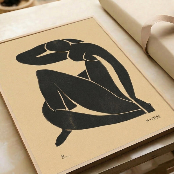 Cream-toned art print featuring a stylized woman silhouette in black lines, exemplifying the refined minimalism of mid-century cutout design.