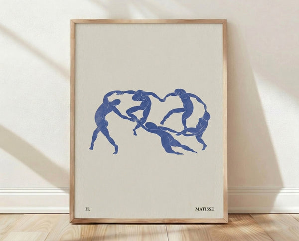 Minimalist line art poster of dancing female figures in cobalt blue and cream, inspired by Matisse's fluid, rhythmic style.