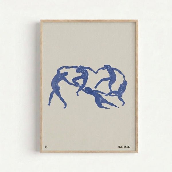 Modern art print featuring graceful women in flowing poses, rendered in simple blue lines on an off-white background.