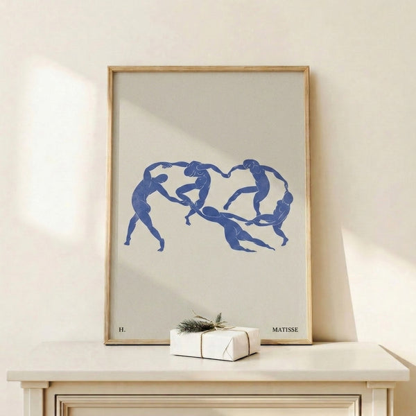 Abstract line art depicting rhythmic female figures in motion, using bold blue linework in a Matisse-influenced minimalist aesthetic.