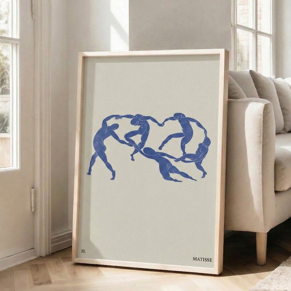 Minimalist poster of intertwined dancing bodies rendered in flowing cobalt blue lines on a soft off-white surface.