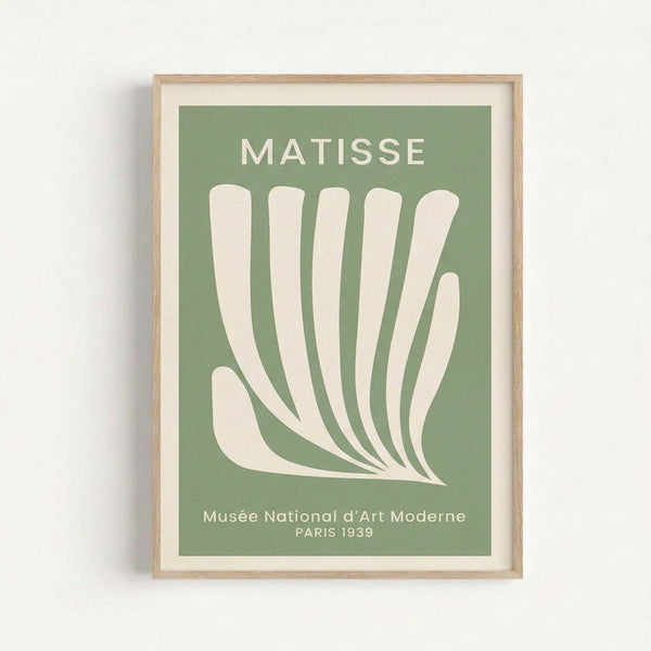 Framed art print of a sophisticated Matisse-inspired composition with graceful hand gesture and botanical elements in muted sage and off-white tones, serene modernist wall decor.
