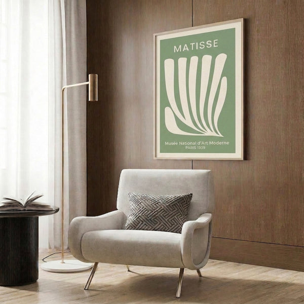 Abstract Matisse poster with simplified hand gesture and botanical elements in cream and sage tones, sophisticated modernist wall decoration.