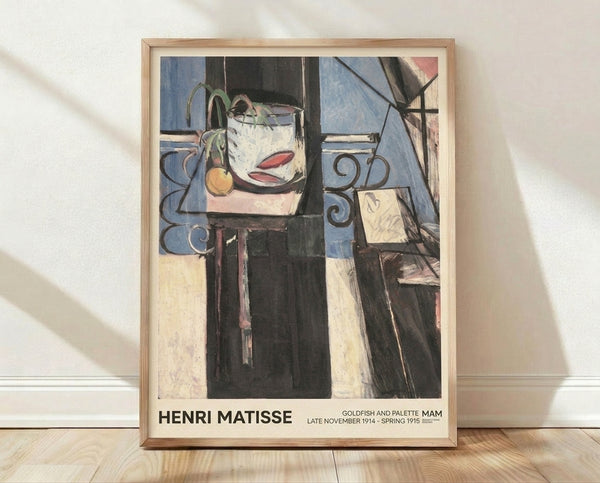 Matisse-inspired modern art poster featuring a red goldfish in a blue bowl beside an artist's palette, with plant and window elements in warm cream and black tones.
