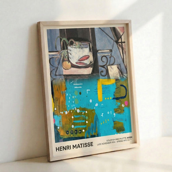 Contemporary poster art showing a goldfish in contemplative setting with palette, plant, and window rendered in sophisticated blue, cream, and accent colors.